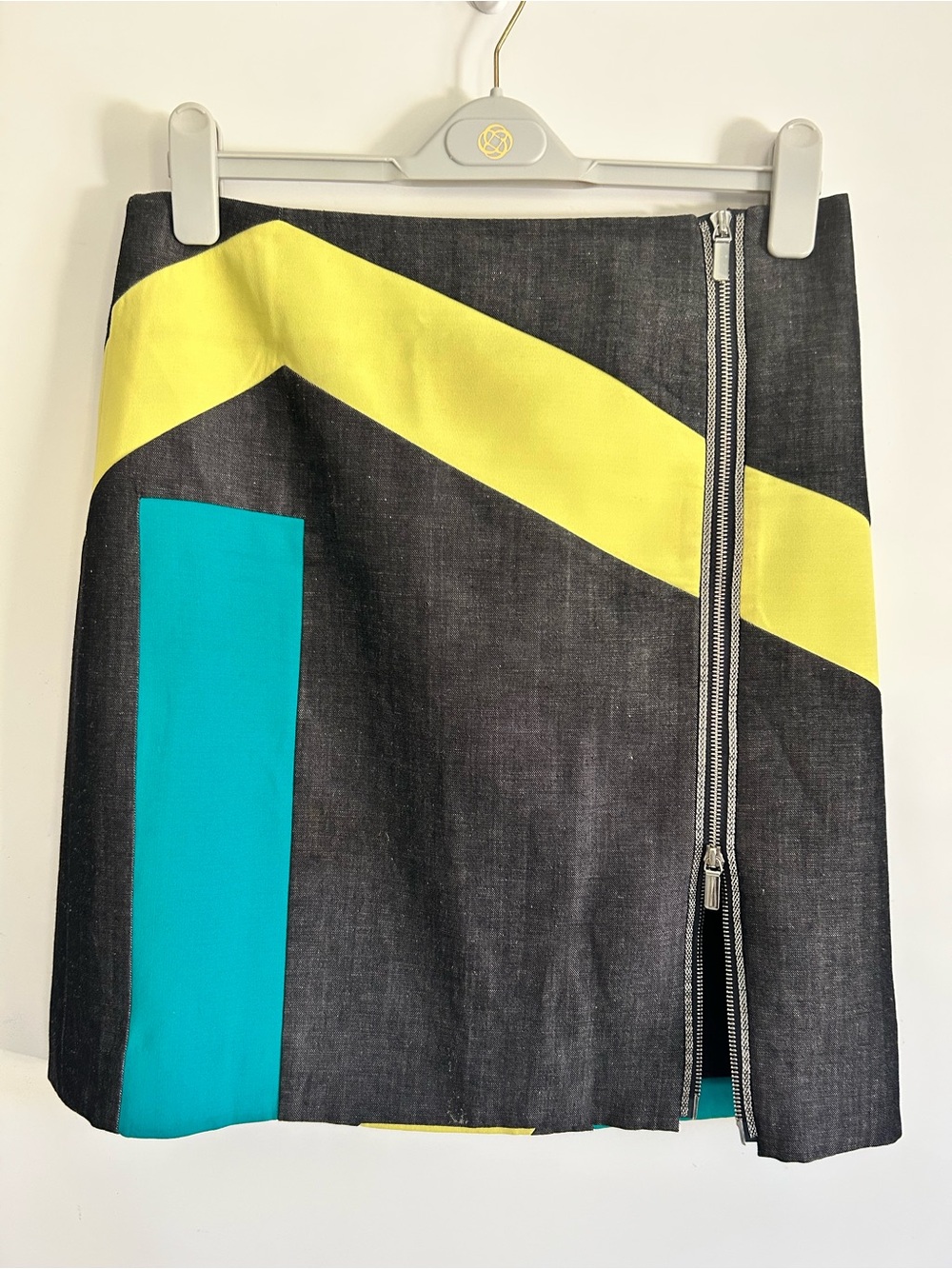 Per Se Dark Navy Denim Colorblock Skirt with Yellow Stripe Teal Panel SZ8 NWT